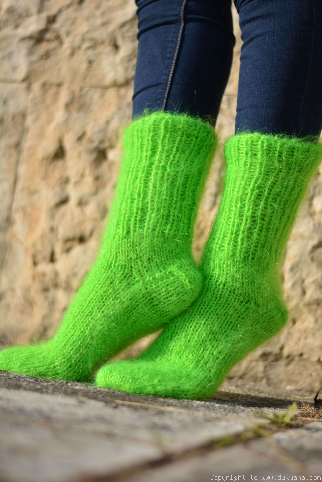 Mohair socks unisex hand knitted in neon green/SO8